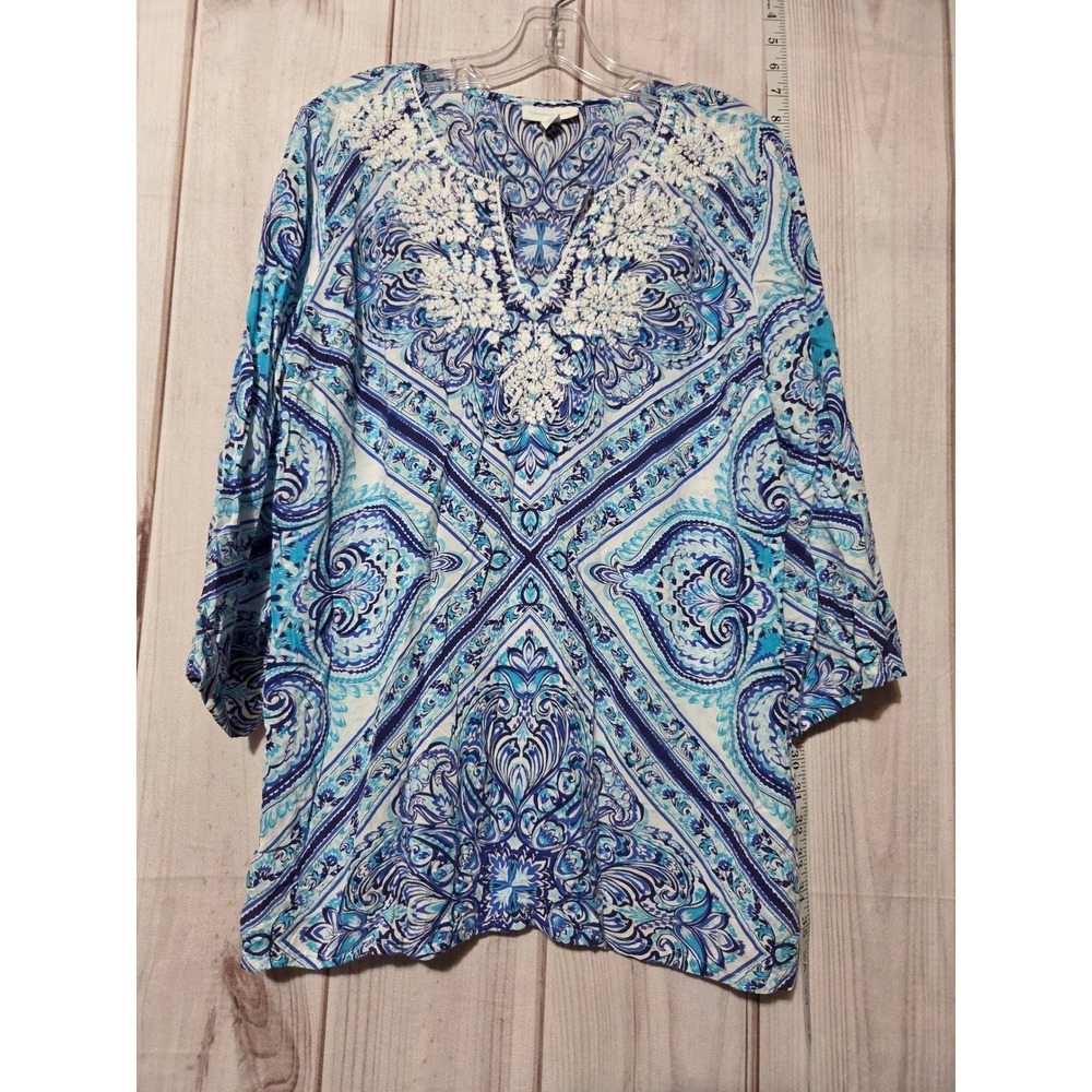 Charter Club Womens Top L Blue White Paisley 3/4 Sleeve Crochet Accents